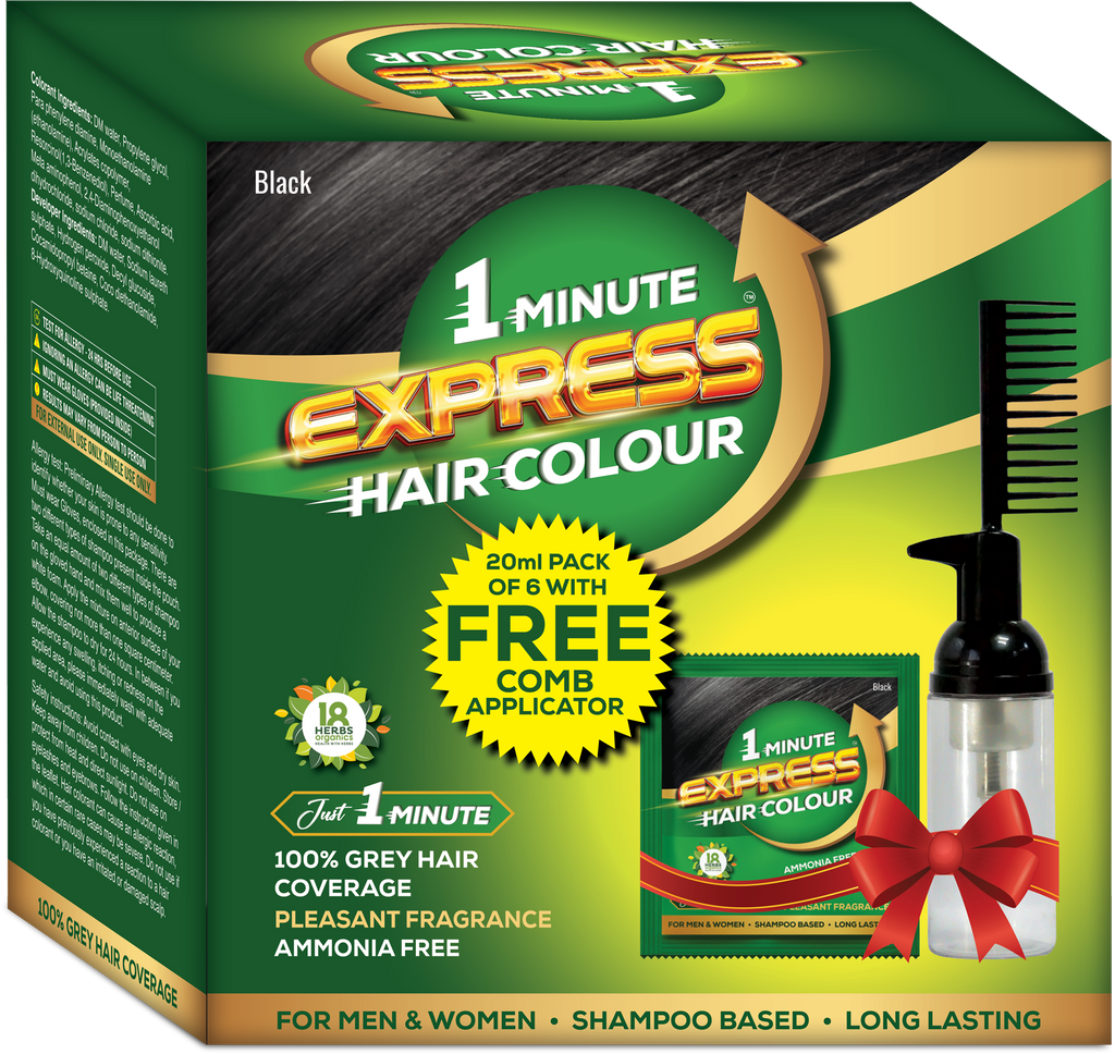 1 Minute Express Hair Colour Black, 20ml (Pack of 6) with Comb Applicator for Men & Women